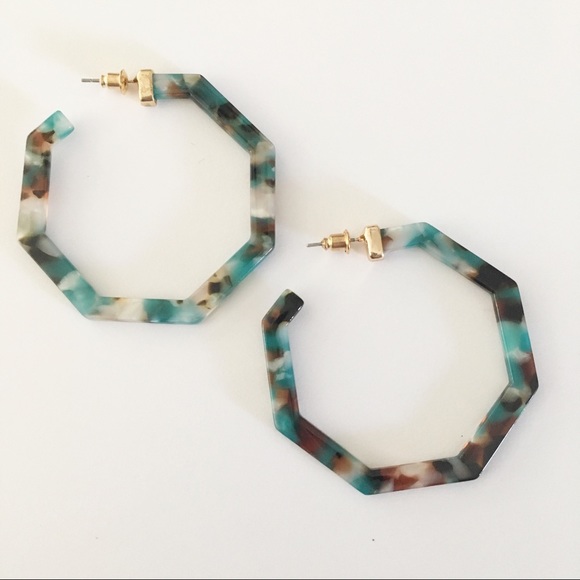 Blue Tan White Geometric Acrylic Hoop Earrings - Picture 2 of 5